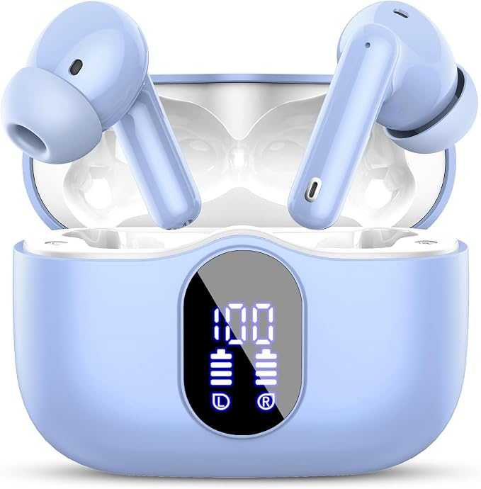 Wireless Earbuds, Bluetooth 5.4 Headphones Bass Stereo, Ear Buds with Noise Cancelling Mic, LED Display in Ear Earphones Clear Calls, IP7 Waterproof Bluetooth Earbuds for Laptop/Phones, Pale Blue