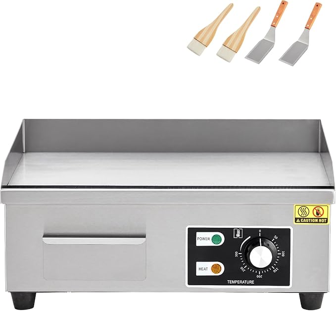 18" Commercial Griddle, Electric Countertop Flat Top Griddle with 2 Shovels & 2 Brushes, 1600W 122-572 ℉ Adjustable Temp, Stainless Steel Teppanyaki Grill for Restaurant Homes