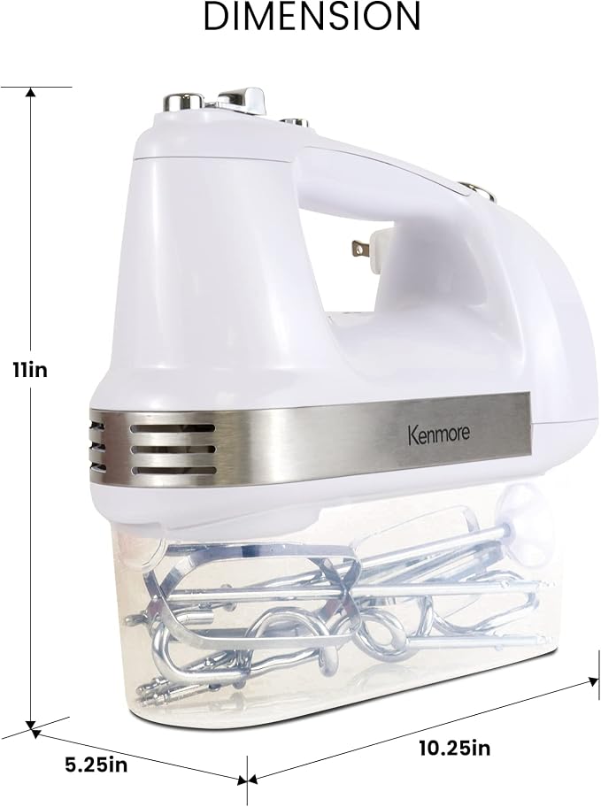 Kenmore 5-Speed Hand Mixer/Blender, 250 Watts, with Beaters, Dough Hooks, Liquid Blending Rod, Automatic Cord Retract, Burst Control, and Clip-On Accessory Storage