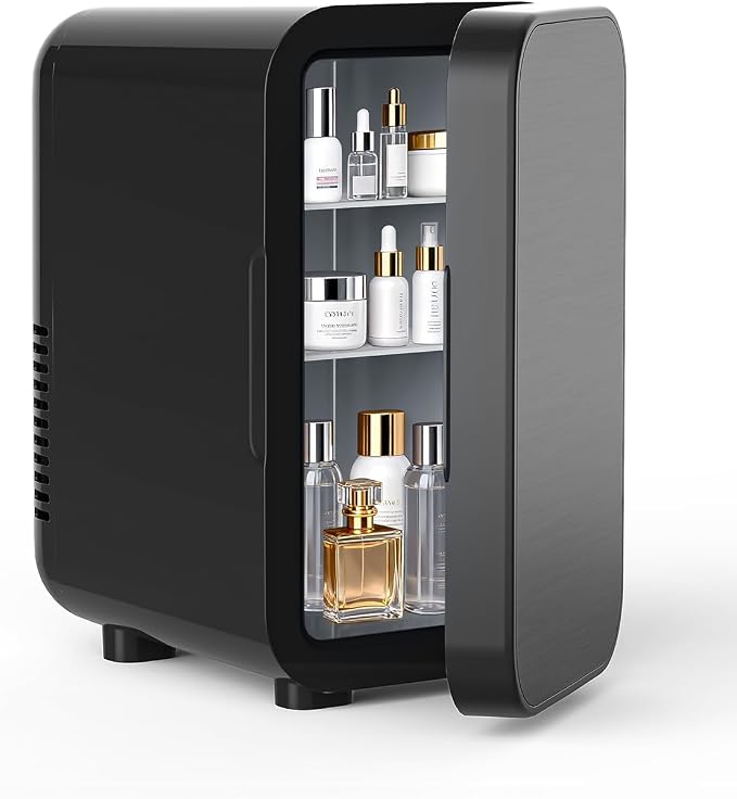 FANSEXPERT Skincare Fridge with Glass Panel, 6L Mini Fridge for Home/Car, AC/DC Portable Thermoelectric Cooler and Warmer, Makeup Mini Compact Refrigerator for Skincare Cosmetics Food Drinks (Black)