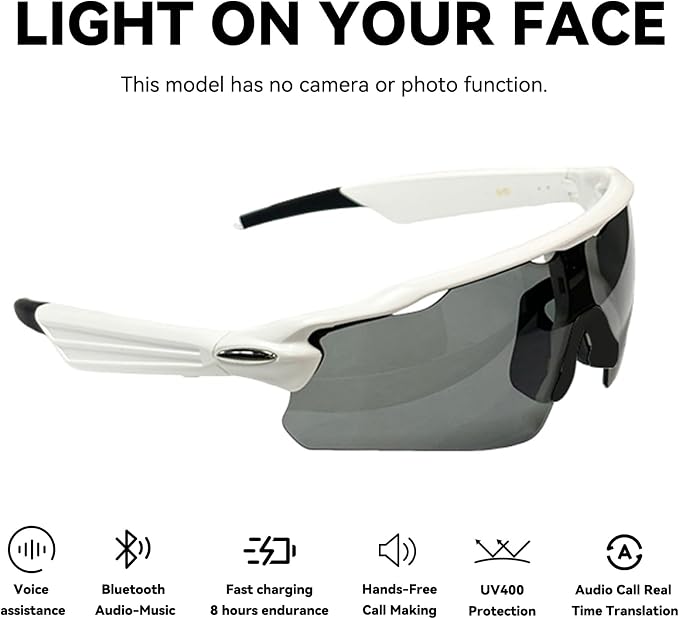 Bluetooth Smart Sunglasses for Men Women, Open-Ear Speaker Glasses with Touch Control, UV400 Polarized Lens, 5-6H Playtime for Outdoor Sports,White and Grey