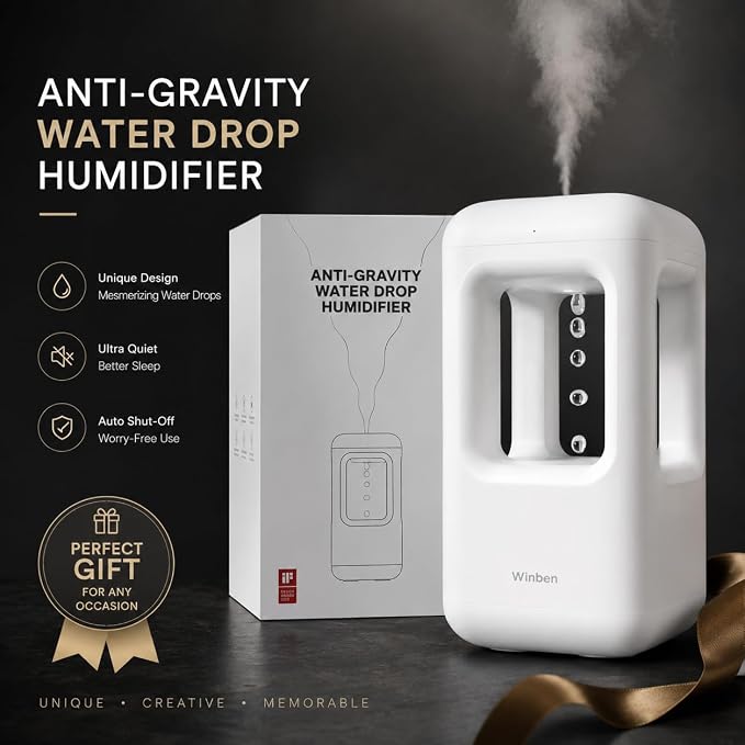 0.6L White Mini Humidifier with Anti-Gravity Water Drop Effect, Cool Mist Desktop Humidifier for Bedroom, Office Desk, Nightstand & Indoor Plants, 36dB Quiet, Night Light, Auto Shut-Off