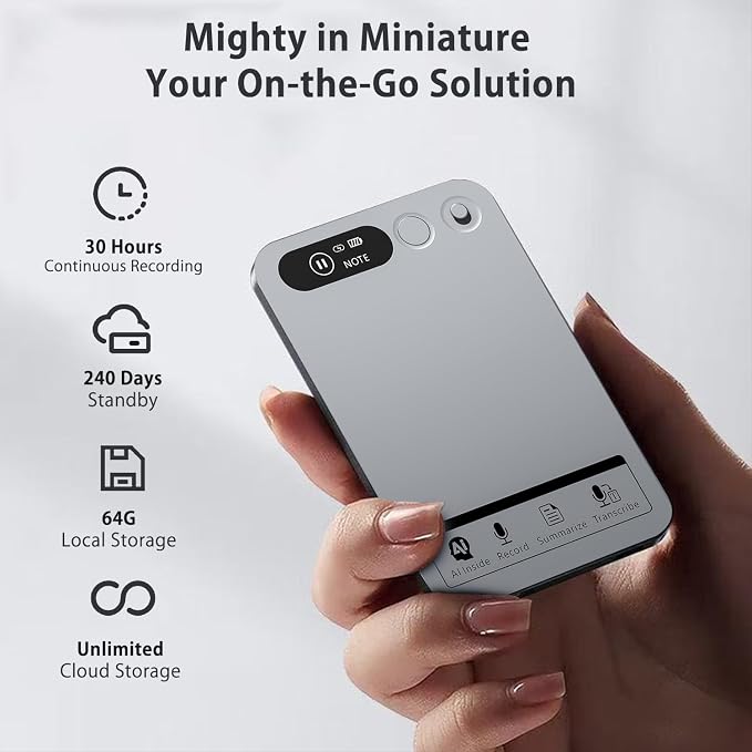 AI Note Taker Device, Smart Voice Recorder with AI Transcription, 64GB Audio Recorder for Meetings, Lectures & Phone Calls, Speech to Text Recorder, App Controlled