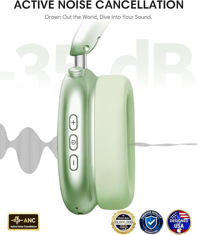 Wentronic Y02 Active Noise Cancelling Headphones, Wireless Over-Ear Bluetooth 5.4 Headphones with Microphone, 60H Playtime, Hi-Res Audio, Big Bass, Foldable Lightweight for Travel Home Office, Green