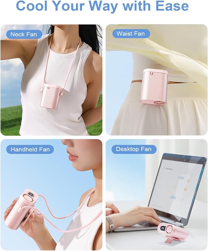 SOTHING 4-in-1 Portable Neck Fan, Hands-Free Wearable Fan with 100-Speed 16000RPM Strong Airflow, Rechargeable Mini Body Fan, Personal Handheld Fan for Travel, Camping, Office, Outdoor (Pink)