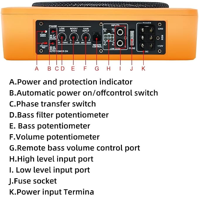 Junsun Slim Under-Seat 10″ 800W Powered Car/Truck Subwoofer & Amp Combo – 220W RMS, Built-in Amplifier, High/Low Input, with Wire Mounting Kit (Vibrant Orange)
