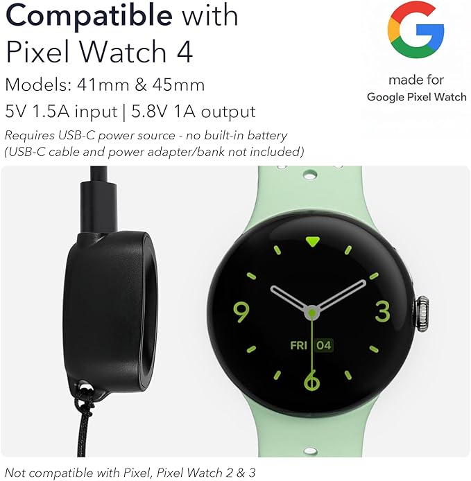 Wasserstein On-The-Go Charger Compatible with Google Pixel Watch 4 (41mm & 45mm) - Proprietary Charging Solution to Protect Battery Health - Made for Google - NOT Compatible with Pixel Watch / 2/3