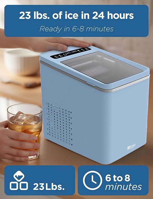 Orgo The Maverick Countertop Ice Maker, Makes 23 lbs. in 24 Hours, Bullet Shaped in 2 Sizes, Ice Maker Ready in 6-8 Minutes, LED Control Panel, Self-Cleaning, Includes Scoop, TMT1653, Blue