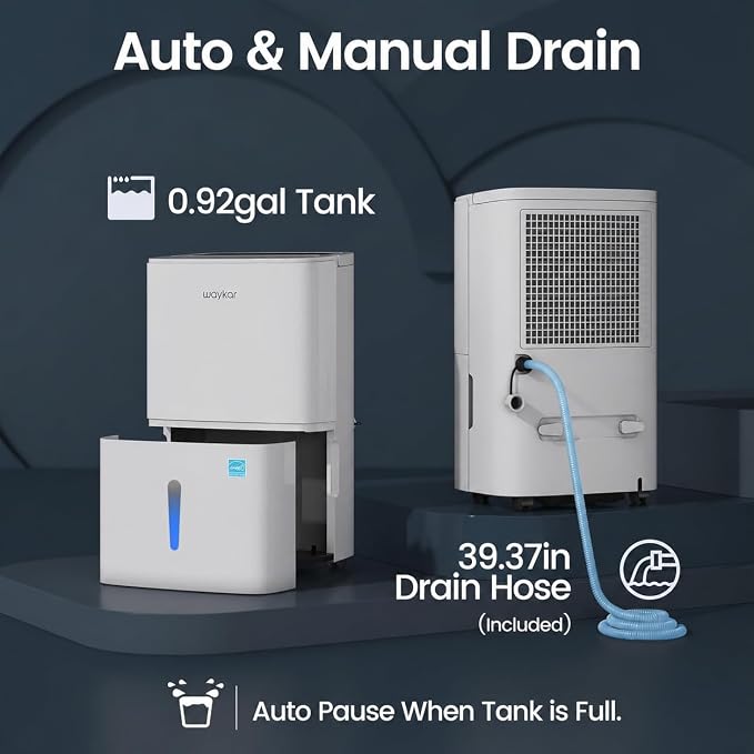Waykar 6,500 Sq. Ft. 120 Pints 2025 Energy Star Dehumidifier for Home and Basement with Auto or Manual Drainage, Portable, Auto Defrost and Self-Drying, Ideal for Large Rooms