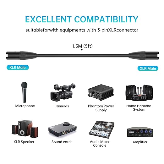 XLR Cable Male to Male + Female to Female, 3-Pin, Black, 25 AWG, 20 AWG, Microphone, Indoor, Connecting Microphones to Audio Equipment