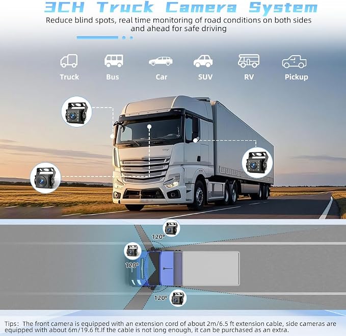VSYSTO 3CH 5G WiFi Truck Dash Camera, Parking Guard, Infrared Night Vision, Turn Detection, Bluetooth 5 Inch Touchscreen GPS HD 1080P Front & Sides Backup Camera System for Semi Trailer Van Tractor RV