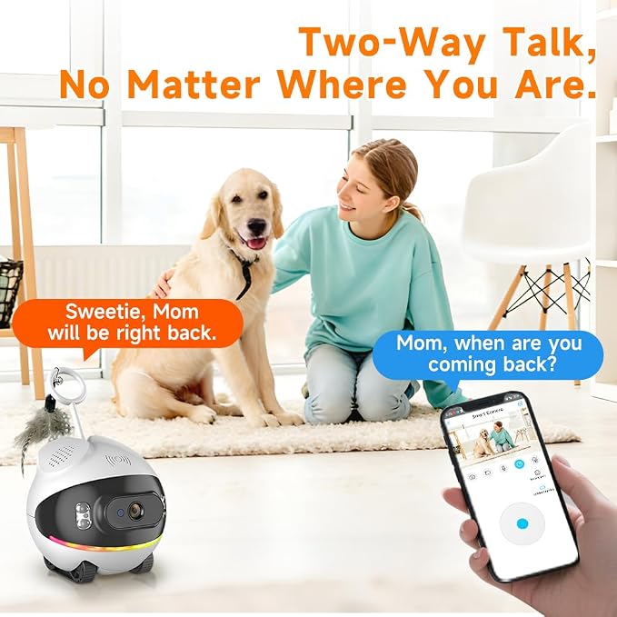 Pet Camera Robot with Cat Teaser: Battery-Operated, Movable with Phone App, 2-Way Talk, Video/Photo, Night Vision