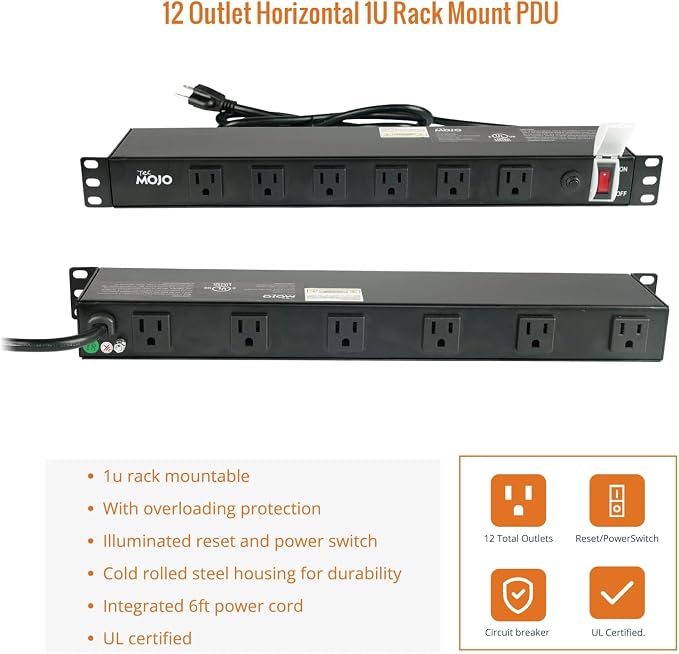Tecmojo 1U Rackmount Network-Grade PDU, 12 Wide-Spaced Right Angle Outlets, Circuit Breaker 12A (UL Certified 12A) 6ft Cord w/ 5-15P Plug, Black
