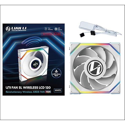 Lian Li UNI Fan SL LCD Wireless (Reverse Blade) 120mm ARGB Fan - Single Pack - 1.6" LCD - 2.4 GHz Wireless Signal for RGB & Control - Controller NOT Included & Required - White(12RSLLCD1W1W)