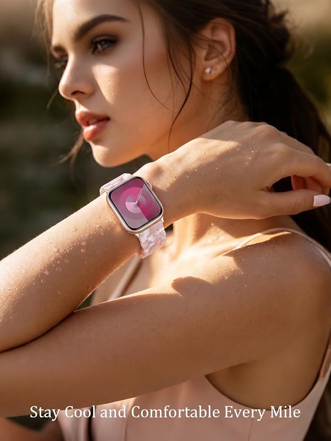 V-MORO Resin Bands Compatible with Apple Watch Series 11/10/9/8/7 41mm/42mm Fashion Dressy Lightweight Strap with Starlight Buckle for iwatch Series SE/6/5/4/3/2/1/SE3(Floral Pink,42mm/41mm/40mm/38mm)
