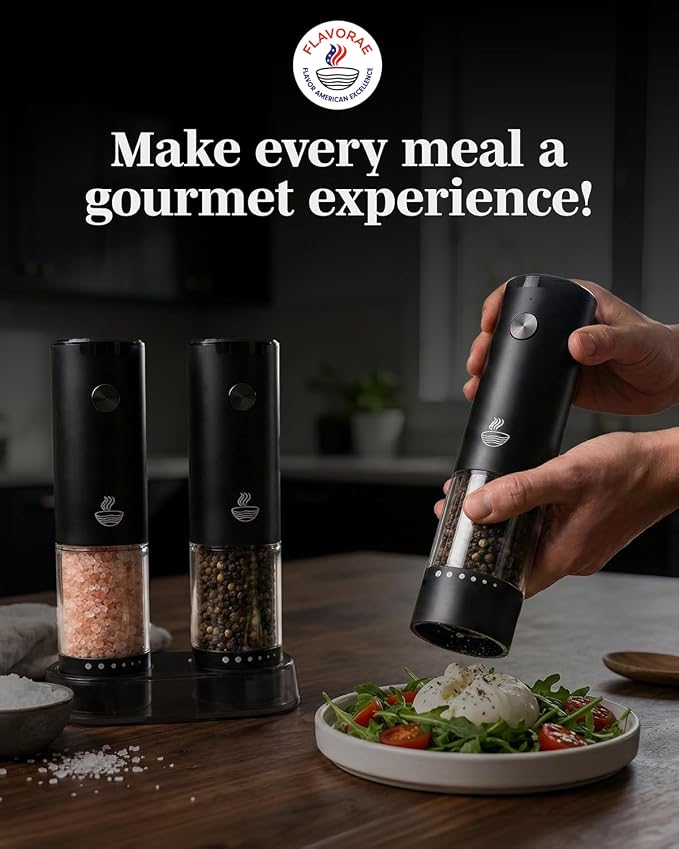 Electric Salt and Pepper Grinder Set - Black 2 Pack Battery Operated Mills with 95ml Large Capacity, Adjustable Coarseness, Built-in LED Light, Automatic Salt & Pepper Shakers for Kitchen