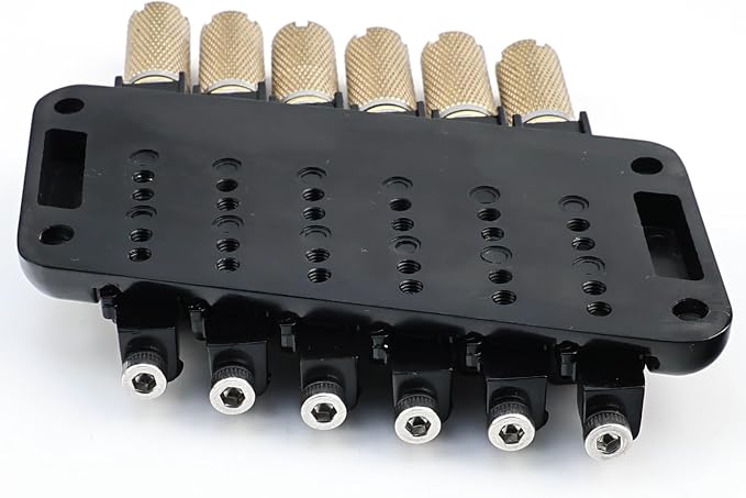 Fanned-fret 6 String Headless Guitar Bridge 10.5mm Headless Fixed Bridge -Brass Saddles Zinc Alloy Plate, Easy Installation/Adjustment, Fits Most 6-String Headless（Gold Tailpiece Nut）