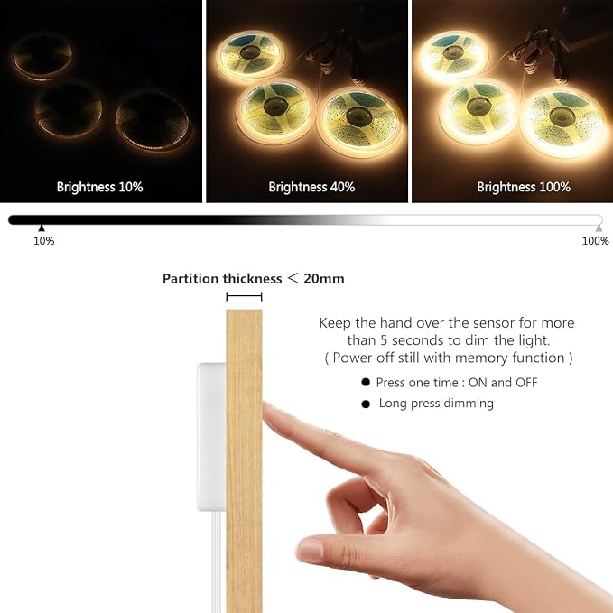 Cabinet Light COB LED Strip Lights 6-in-1 Dimmable Touch Control for Display Cabinets, Wardrobes, Kitchen, Wine Cabinets, Showcase & Shelf Lighting (Warm Light, 6.6ft)