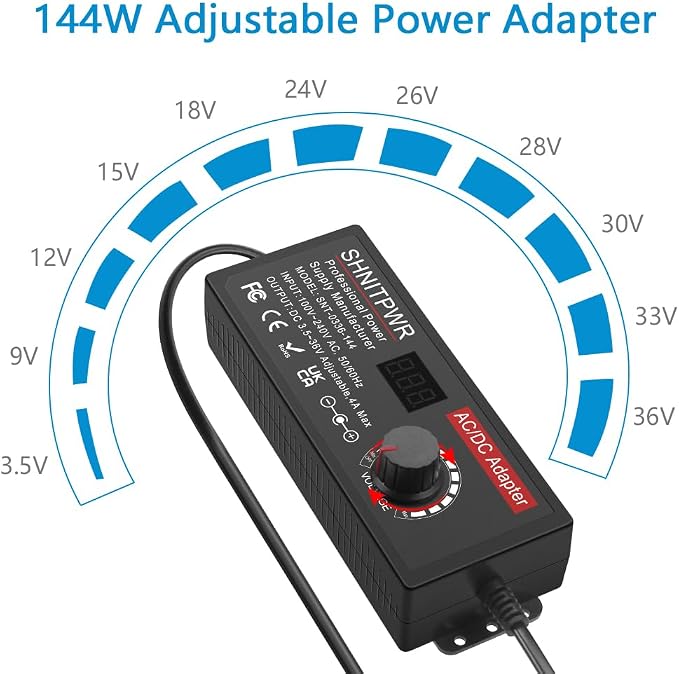 SHNITPWR Universal Power Supply Adjustable 144W 3.5V~36V 4A AC/DC Adapter 12V 24V 36V 5V 6V 9V 14V Power Adapter 100V~240V AC to DC Converter Multi-Voltage Variable Transformer 14 Tips
