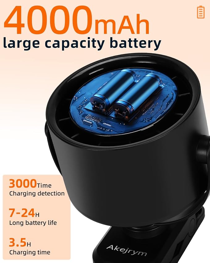 Akejrym Clip on Fan for Bed, Portable Fan for Travel, 360° Rotate Battery Operated Personal Fan, Digital display, stroller fan with 5 Speeds, For Home Office Stroller Camping - Black