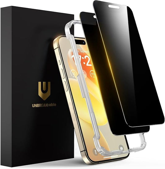 UNBREAKcable Privacy Screen Protector for iPhone 15 Pro Max, Shatterproof Tempered Glass [True 28°Anti Spy] [9H Hardness] [Easy Installation Frame] Private Protector for iPhone 15 Pro Max 6.7"-2 Pack | Shatterproof, Tempered Glass, True 28°Anti Spy, 9H...