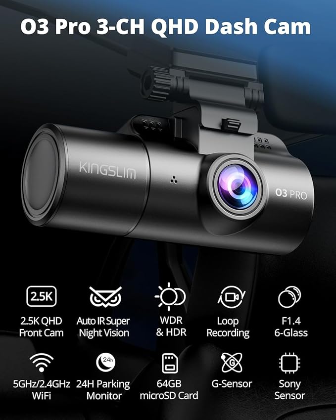 Kingslim 3 Channel 5G WiFi Dash Cam with 64GB Card, 2.5K/1080P Front and Rear Inside Dashcam, 2.5K/1080P/1080P Three Way Dash Camera for Cars Auto IR Night Vision, Loop Recording, APP Control(O3PRO)