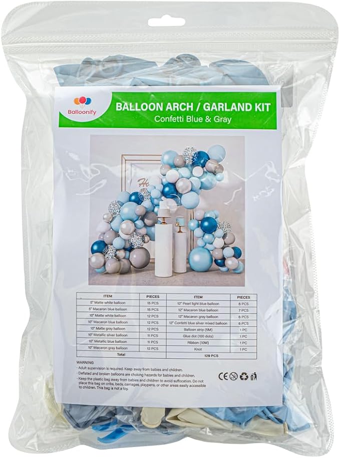 Restaurantware-Balloonify Balloon Garland Set, 1 Party Decoration Kit - 125 Balloons, With Chain, Confetti Blue & Gray Latex Balloon Arch Kit, Includes Glue Dots, Ribbon & Knot