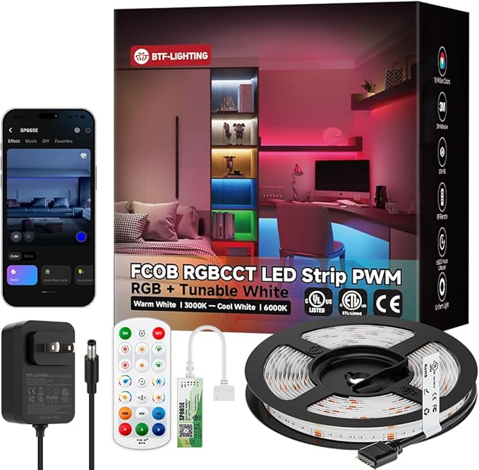 BTF-LIGHTING FCOB COB RGBCCT Color Changing LED Strip Kit,UL Listed RGB+Tunable White 3000K-6000K 9.8FT DC24V Flexible High Density LED Light Bluetooth Music Controller for Bedroom Home Indoor Decor