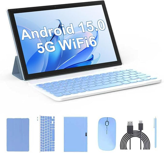 Tablet 2 in 1 Tablets 10 inch Android 15 Tablet Set with Keyboard Case Mouse Stylus Pen, 8GB+32GB Tablets 10.1" HD Touch Screen Tab, 2MP+8MP Dual Camera 6000mAh battery WiFi6 Bluetooth Tableta PC Blue