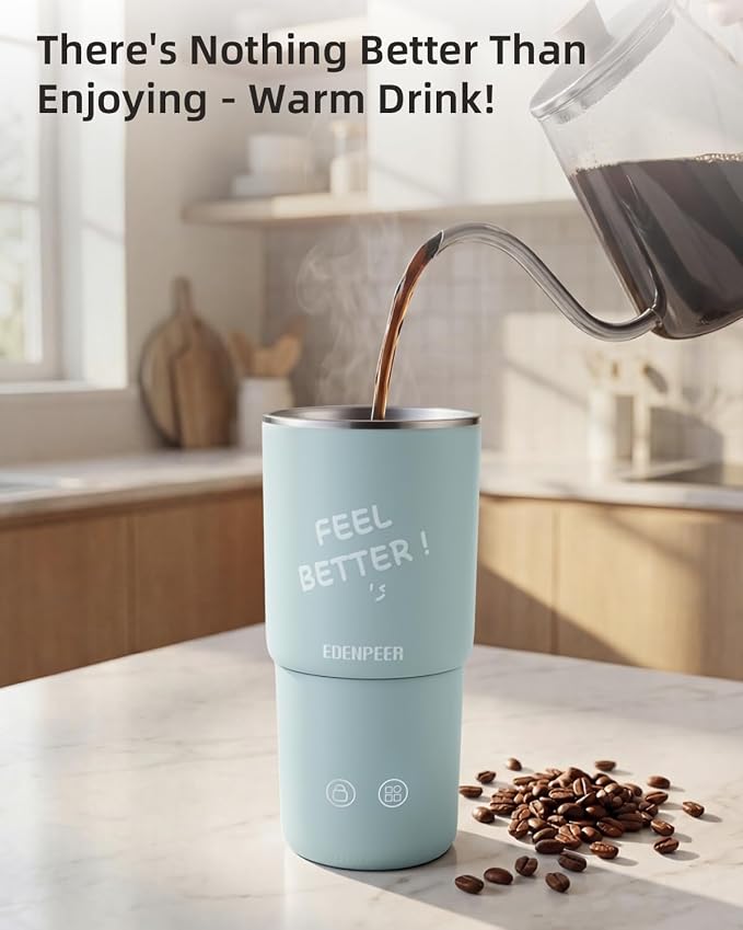 Self Heating Coffee Mug – 14oz Portable Heated Coffee Mug, 120W Fast Heating, 120°F-150°F Temp Control, 8H Heat Retention, Leak-Proof Lid, for Car, Home, Office，Gifts for Women&Men