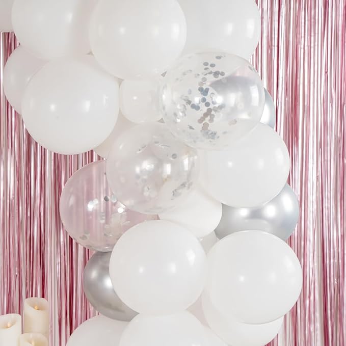 Restaurantware-Balloonify Balloon Garland Set, 1 Party Decoration Kit - 70 Balloons, With Chain, White & Silver Latex Balloon Arch Kit, Includes Glue Dots