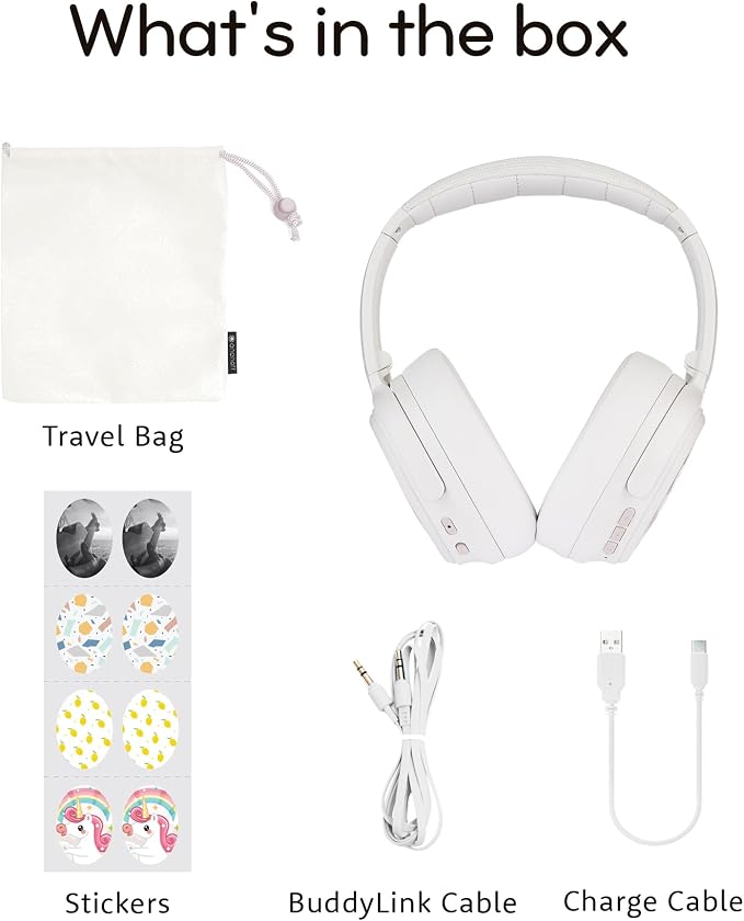 BuddyPhones Cosmos Fun | Wired or Wireless Foldable ANC Bluetooth Headphones + Microphone - SafeAudio Volume-Limiting Options, for Toddlers to Young Adults (White)