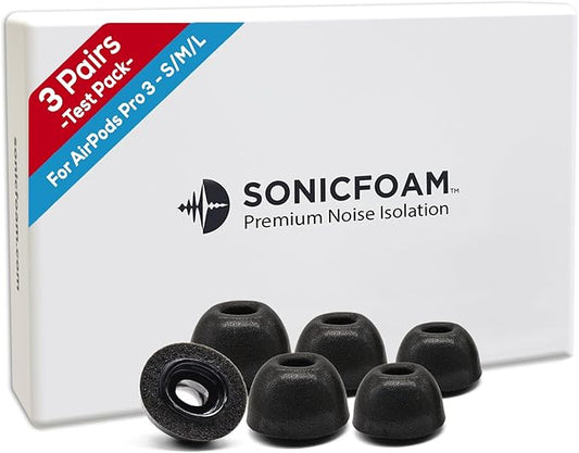 SONICFOAM (SFAir-3-Pro Small/Medium/Large Black) Memory Foam Earbud Tips - Compatible with AirPods Pro 3 - (6 Pack / 3 Pairs)