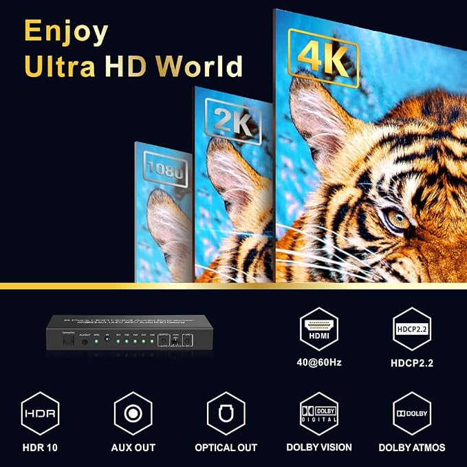 5 in 1 Out 4K@60Hz HDMI Switch Audio Extractor with Optical & 3.5mm Out, HDMI 2.0 Audio Splitter Support HDR 10, HDCP 2.2, 18Gbps, Dolby Vision Atmos, ARC, not eARC