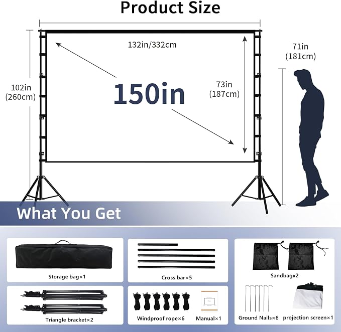 Wootfairy 150inch Projector Screen with Stand: Portable Wrinkle-Free Screen | Foldable 16:9 4K HD Front Rear Projection Movie Screen with Carry Bag for Indoor Outdoor Backyard Family Live Sports Night