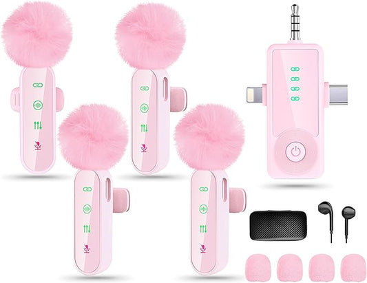 4 Packs Wireless Lavalier Microphone for iPhone/Android/Camera, Upgraded Mini Microphone with Noise Reduction,Mic for Video Recording, Podcasts, YouTube, TikTok, and Vlogging (Pink)