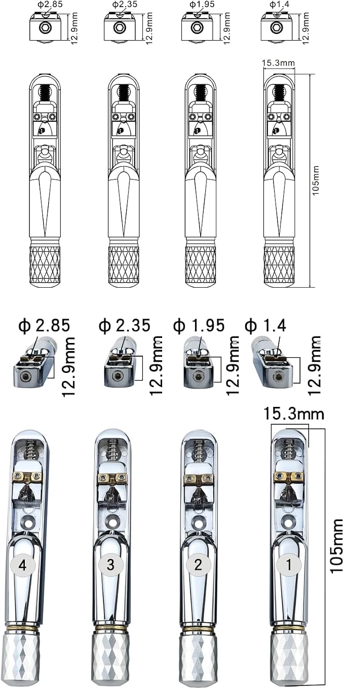 Pack of 4 Individual Single Tubular Fixed Bridge 4 String Electric Bass Bridge for Headless 4-string Bass Replacement Parts Chrome