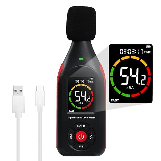 Decibel Meter Data Logger Sound Level Logger Noise Monitor with Data Recording, 31,000 Data, Graph Printing, MAX, Data Hold, 3-Color Light Alarm for Home, Office, Classroom, Industrial Use (30-130dB)