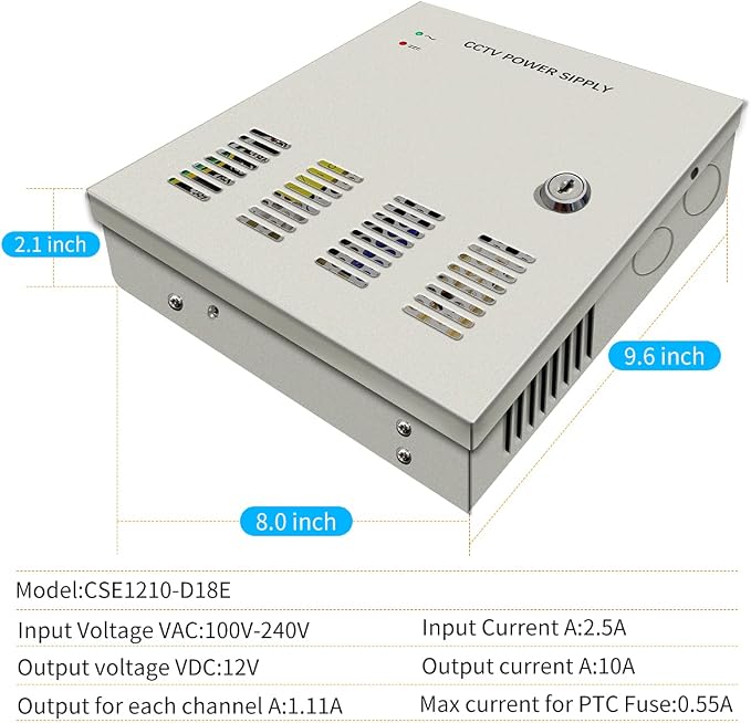 18 Channel 12 Volt DC Output 10A CCTV Distributed Power Supply Box for Security Camera with AC Plug and Lock for Security Cameras, DVRs, CCTV Power Supply (10A 18-Channel)