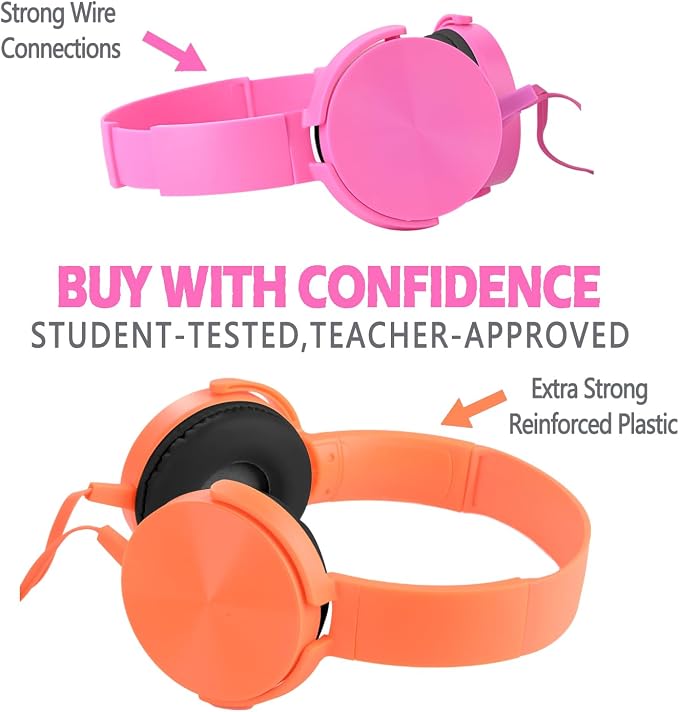 Kids Headphones 2 Pack for School Classroom K-12, Durable Wired Student Computer Online Learning Headset for Laptop Library Airplane and Travel (Pink+Orange)