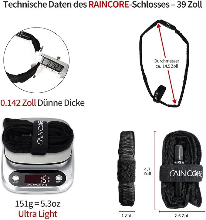 RAINCORE Light Weight Bike Cable Lock for Heavy Duti Anti Theft - 39inch (100cm) - 0.33lb (151g) - Bike Chain Lock with Chain Cutter Proof Fiber - Patented Korea - Security Cable (39 inches)
