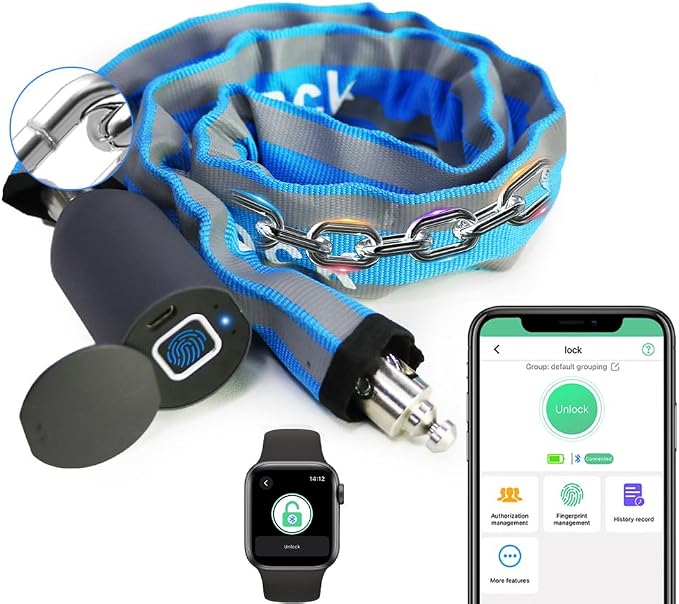 Chain Lock eLinkSmart Keyless Waterproof Bicycle 100CM Chain Lock for Bike Scooter Motorcycle Door Fence Gate Fingerprint Bluetooth App Heavy Duty Security Blue