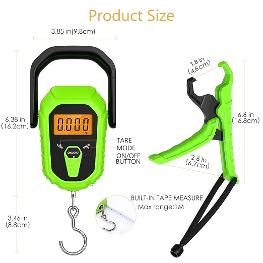 Fish Scale with Lip Gripper, Waterproof Digital Fish Scale, 110lb/50kg Hanging Fish Weight Scale, Portable Luggage Scale with Tape Measure, LCD Backlit, Batteries, for Home Fishing, Green