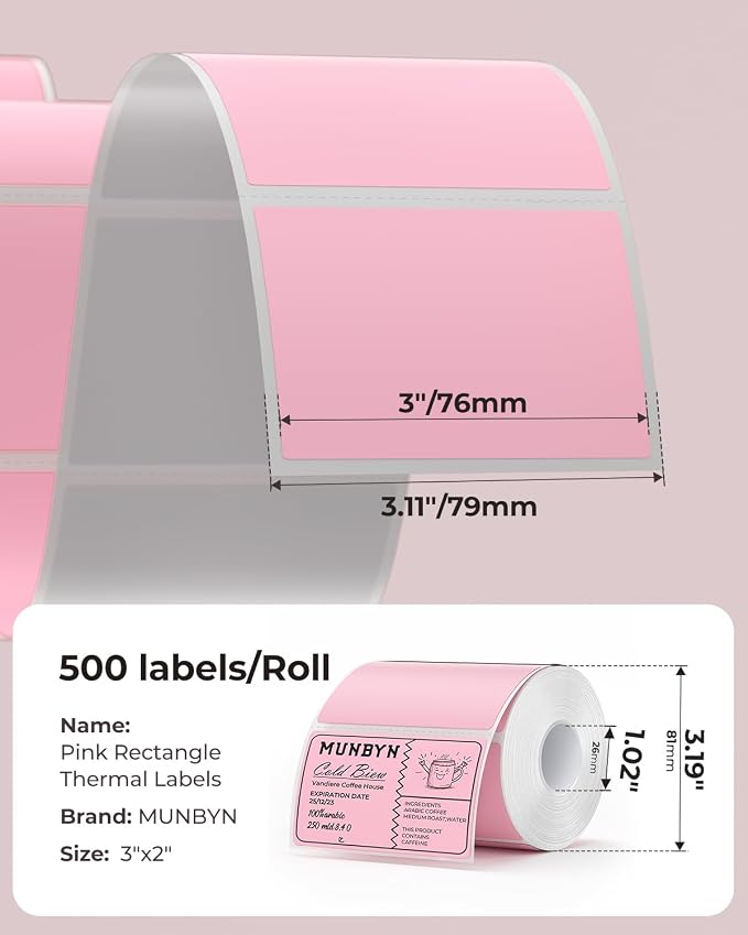 3x2 Inch Pink Thermal Labels+RW403B Bluetooth Shipping Label Printer