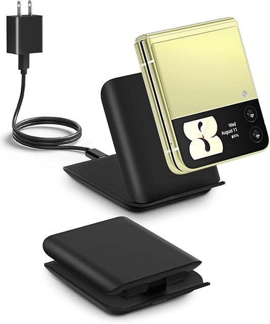 Samsung Galaxy Z Flip 7 Wireless Charger 15W Foldable Stand - Official Qi Fast Charging Station Travel Dock for z Flip 7/6/5/4/3 & Motorola Razr+ | PD 20W Adapter Included | Black