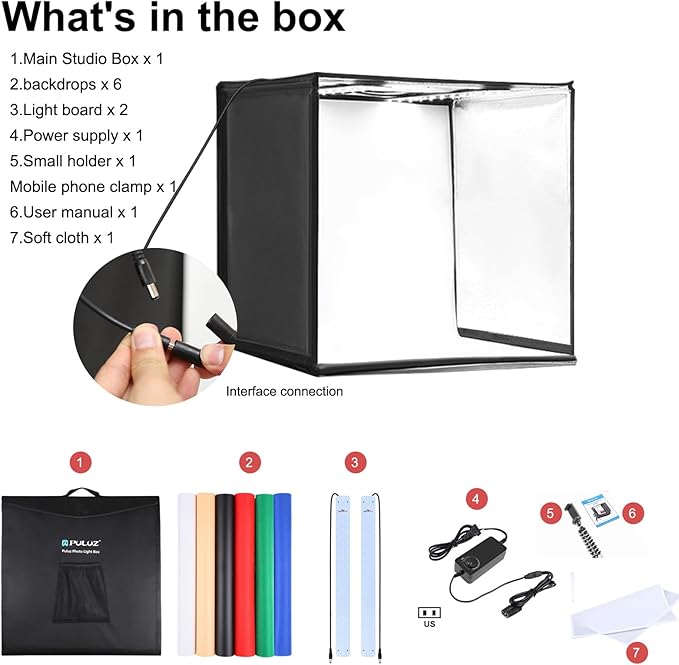 PULUZ 24'' x 24'' Light Box Photography,Large Photo Studio Light Box Professional Dimmable LED Photography Box High CRI Photo Box with 6 Color Backdrops for Product Photography