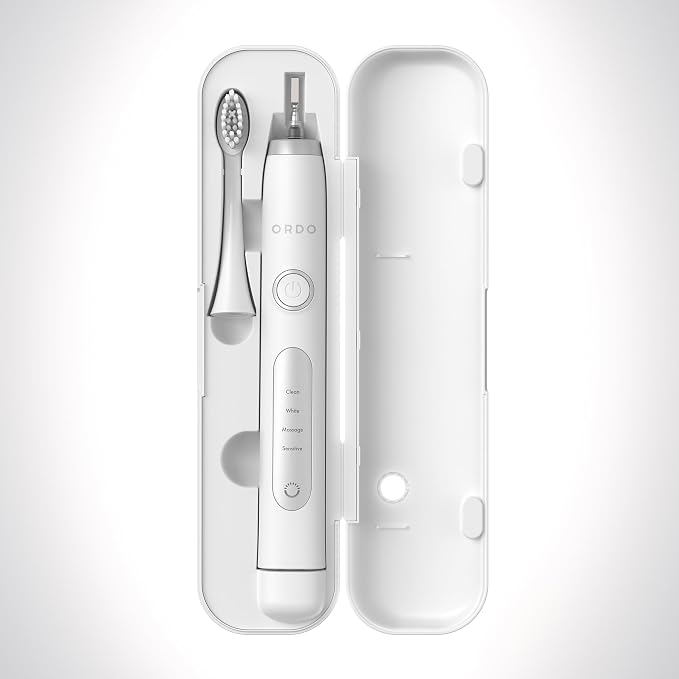 ORDO Sonic+ Electric Toothbrush with Case, Sonic Toothbrushes for Adults, Charging Travel Case, 4 Brushing Modes, Fast Rechargeable Battery, Silicone Polishing, USB Charger, White