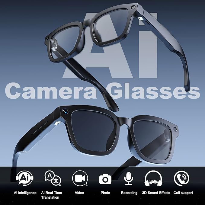 Ai Smart Glasses with Camera,8MP HD 1080P Camera Glasses for Men Women,Video Recording Glasses with Audio, Translation Sunglasses,Voice Assistant, Open-Ear Audio for Travel, Meetings & Vlogging