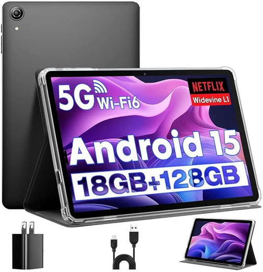 Android Tablets 10 Inch Tablet Android 15 Tablet, Octa-Core, 18 GB RAM+128 GB ROM+1 TB Expand, 1280x800 IPS Display, Tablets for Adults, Widevine L1, GPS, 2.4G/5G WiFi, 5MP+8MP Camera, BT5.4, Black