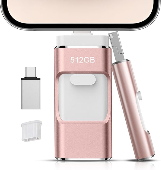 512GB Flash Drive[No App Required] Intended for Phone Tablet Androidphone and Computers, 4 in 1 Photo Stick for Phone Memory Storage Easily Backup Photos Videos（Pink）